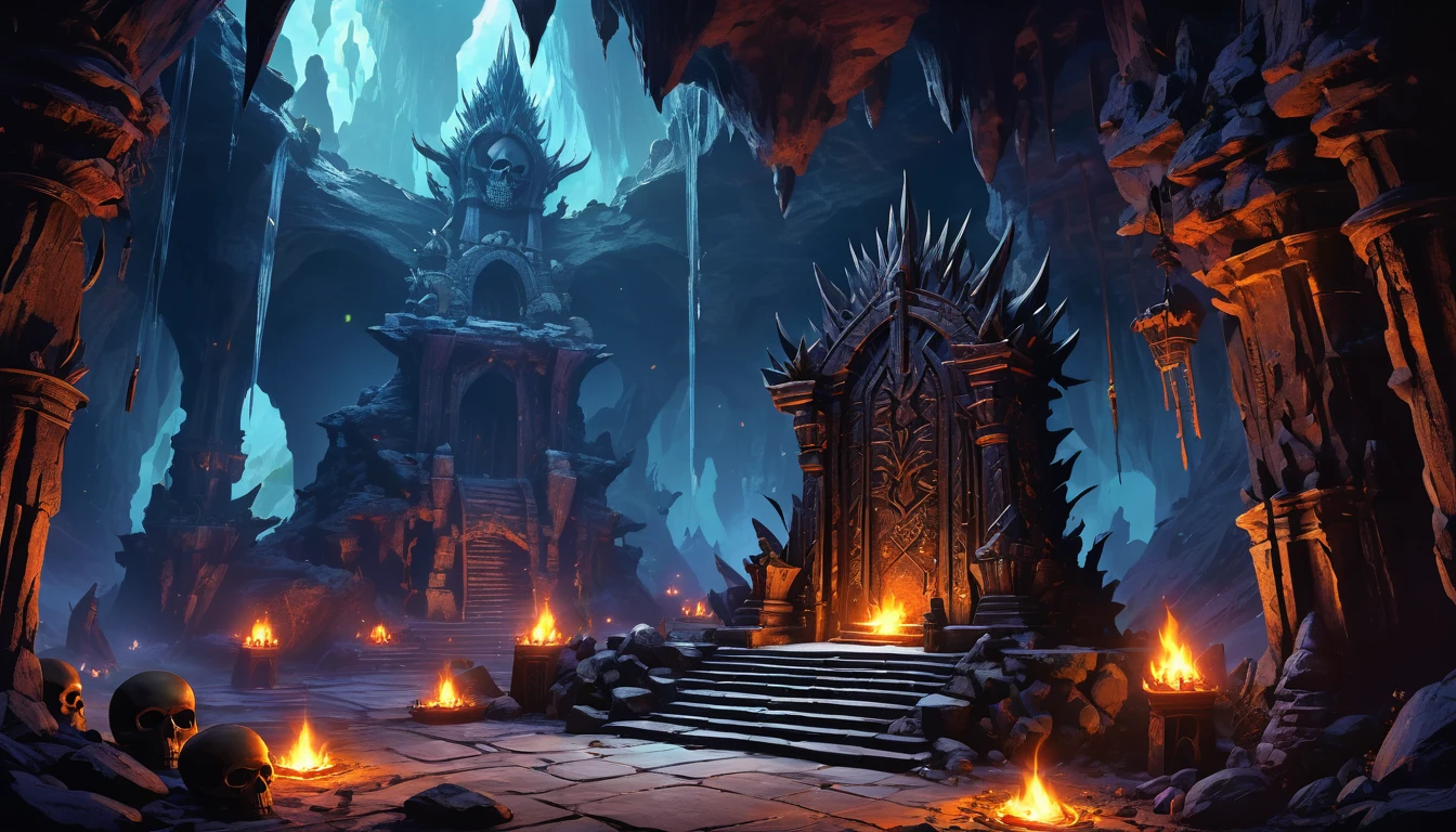 (anime: 1.5, dark fantasy: 1.5, throne: 1.5), ((best quality, highres, HDR:1.2)), vibrant colors, dangerous atmosphere, ((goblin king throne)), ((goblin lair: 1.5)), ((cave, obsidian cavern)), ((scratch banner)), ((totem, tribal, skulls, spikes)), dark :1.4, general shot