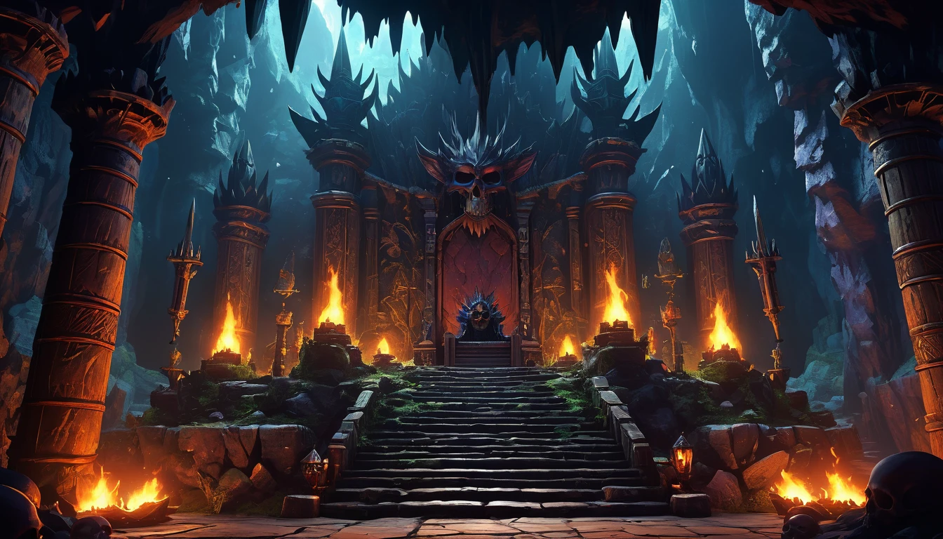 (anime: 1.5, dark fantasy: 1.5, throne: 1.5), ((best quality, highres, HDR:1.2)), vibrant colors, dangerous atmosphere, ((goblin king throne)), ((goblin lair: 1.5)), ((cave, obsidian cavern)), ((scratch banner)), ((totem, tribal, skulls, spikes)), dark :1.4, general shot