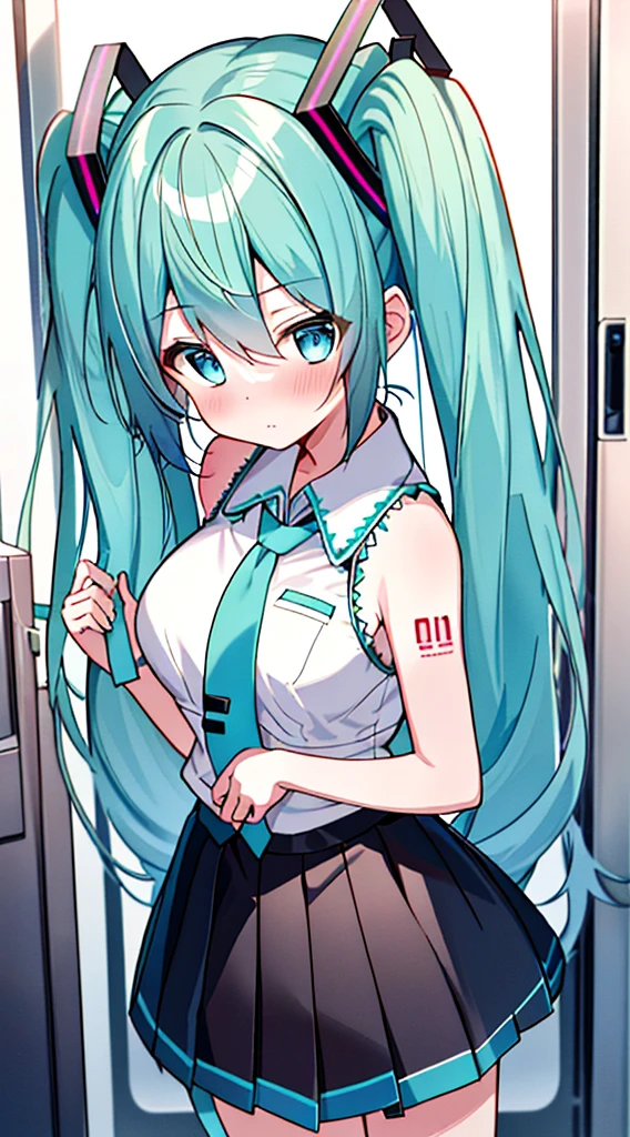 (8k、Best image quality、Highest quality、masterpiece)、One Girl、Twin tails、hatsune miku、Bright Blue Eyes、blush、Troubled face、Large breasts,breasts out,bra lift,tie,mini skirt,Rear View、Cowboy Shot、Locker Room Background,nsfw:1.9