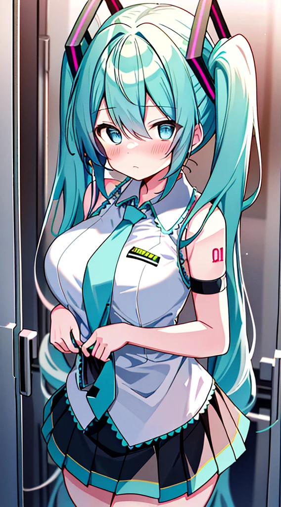 (8k、Best image quality、Highest quality、masterpiece)、One Girl、Twin tails、hatsune miku、Bright Blue Eyes、blush、Troubled face、Large breasts，breasts out，bra lift，tie，mini skirt，Rear View、Cowboy Shot、Locker Room Background，nsfw:1.9