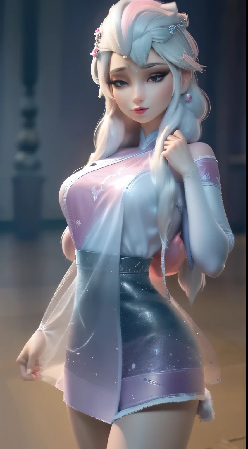 (Komi-san-elsa frozen Disney mezclando modelos .) (ultra fUSION of white and pink hair) Highly detailed CG unity 8k wallpaper, style shot, complex, High detail, dramatic, Highest quality film still image, Very detailed, masterpiece, Best Quality, character design, elsa, elsa from frozen,Komi-san fusion (( dark style)), realistic and ultra detailed rendering style, natural light, sharp character design, (hard focus, 8k), (((Natural skin texture))), 8k textures, soft cinematic lighting, adobe light room, dark room, HdR, sophisticated, elegant, rich detail, Sharp focus appearance) )), calming tones, frenzy of details, intricate detail, super detail, low contrast, Soft film Lighting, Muted colors, Exposure Mix, HdR, Desteñir, 35mm, f/1.4, THEY ARE LIKE THIS, f16, 25 sec.
