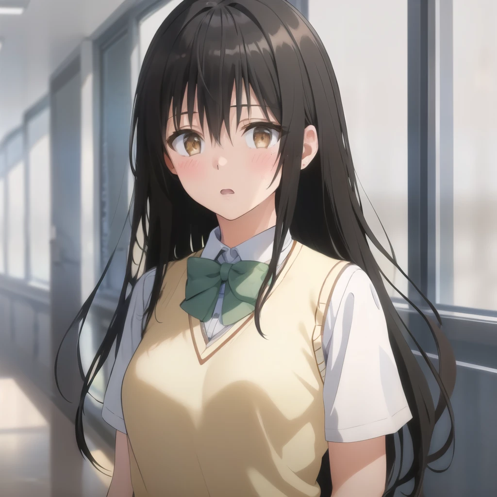 (masterpiece, Highest quality:1.2),figure,8k,High resolution,One girl,alone,Upper Body,(Portraiture:1.2),blush,Open your mouth,shy,Black Hair,Brown eyes,Long Hair,bangs,Hair between the eyes,,bow,chest,Sweater vest,Green Skirt,socks,Knee-high,Short sleeve,Checked skirt,Pleated skirt,