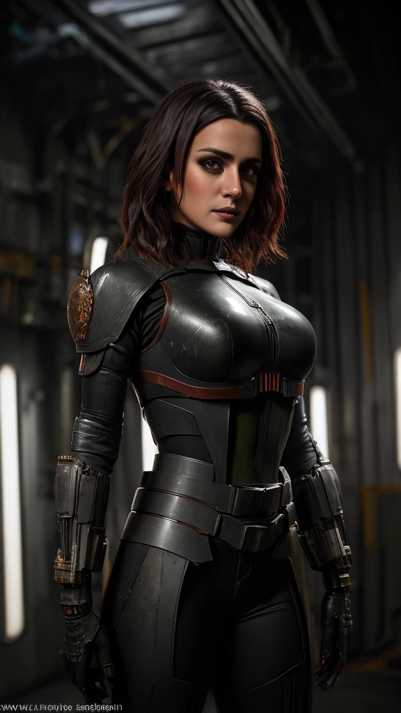intricate detailed cyberpunk sci-fi hangar interior, highly detailed Bokatan character, 1 female, beautiful detailed face, detailed eyes, detailed nose, detailed lips, intricate detailed armor, intricate detailed weapons, cinematic dramatic lighting, dark moody atmosphere, moody dramatic colors, gritty realistic textures, (best quality,8k,highres,masterpiece:1.2),ultra-detailed,(realistic,photorealistic,photo-realistic:1.37)