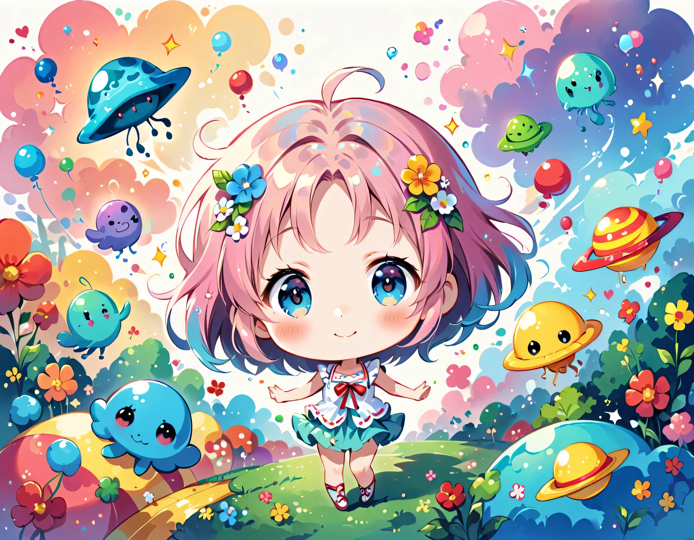 Hayao Miyazaki colorfull style, Simple Line Initialism，Abstract art, kawaii design, The most beautiful girl of all time, (((chibi))), (((Dream World))), Lovely summer clothes, (((Cute Aliens))), Playing with Aliens