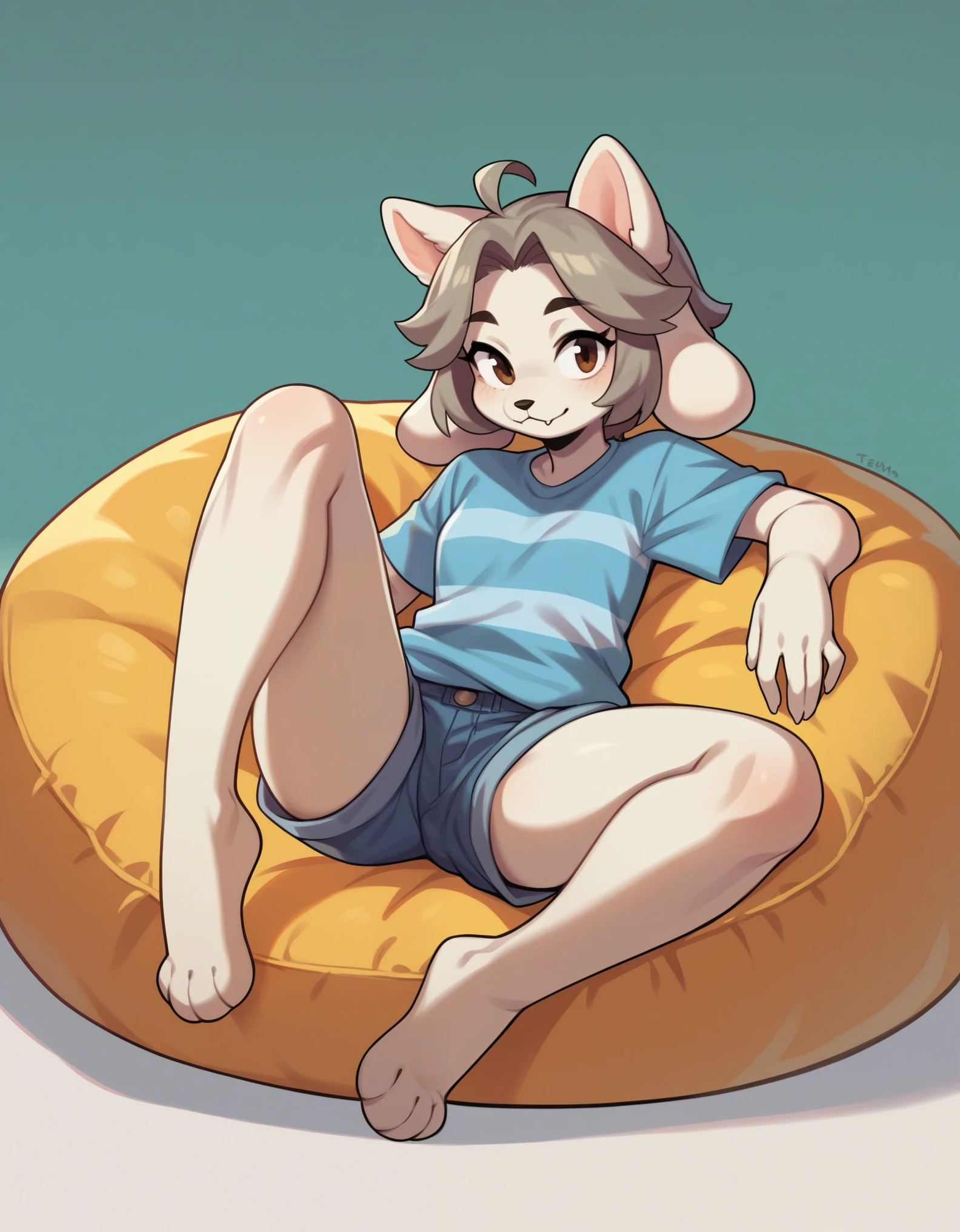 score_9,score_8_up,score_7_up, source_anime, temmie from undertale, Anthro girl, short silver grey hair, tall slender body, brown eyes, white furry body, canine feline hybrid girl, four ears, floppy white dog ears, white cat ears, wearing shirt, shorts, barefoot, feet paws four toes, sitting on a beanbag chair, playful pose, one leg up, seductive