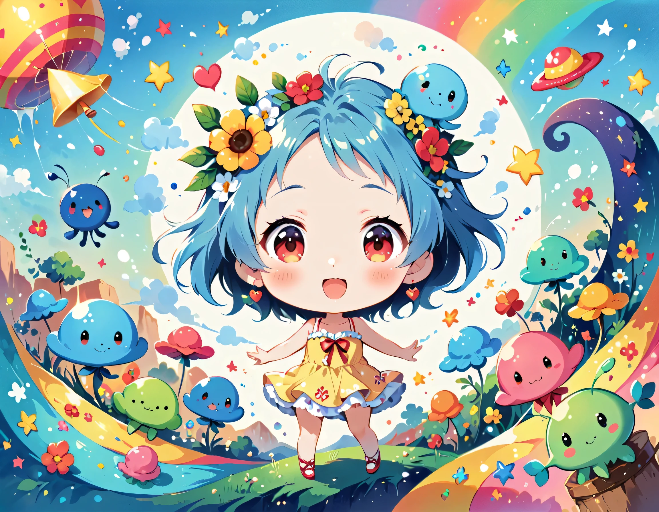 Hayao Miyazaki colorfull style, Simple Line Initialism，Abstract art, kawaii design, The most beautiful girl of all time, (((chibi))), (((Dream World))), Lovely summer clothes, (((Cute Aliens))), Playing with Aliens