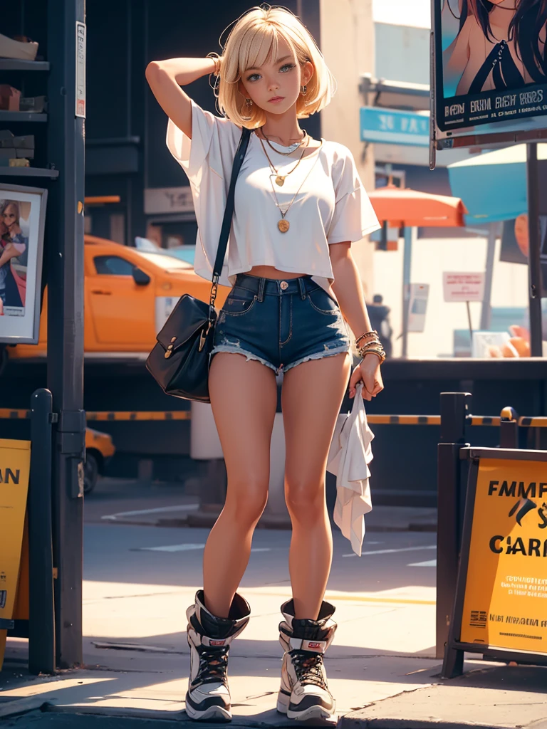 model 18 years old, beautiful, Tanning, Blonde, Bob Hairstyle, Bangs, Brown eyes, beautiful figure, Girl wearing cropped shirt and super short mini shorts, beautiful long legs, bracelet, Necklace, manicure, Cute makeup, Hot summer, Front styling, Summer Clothing, Top quality, Highest quality, Poster Style, retro 80s style, Daisy Dukes Style, Miami flair,Put your hands down,Simple background,Simple white one-piece dress