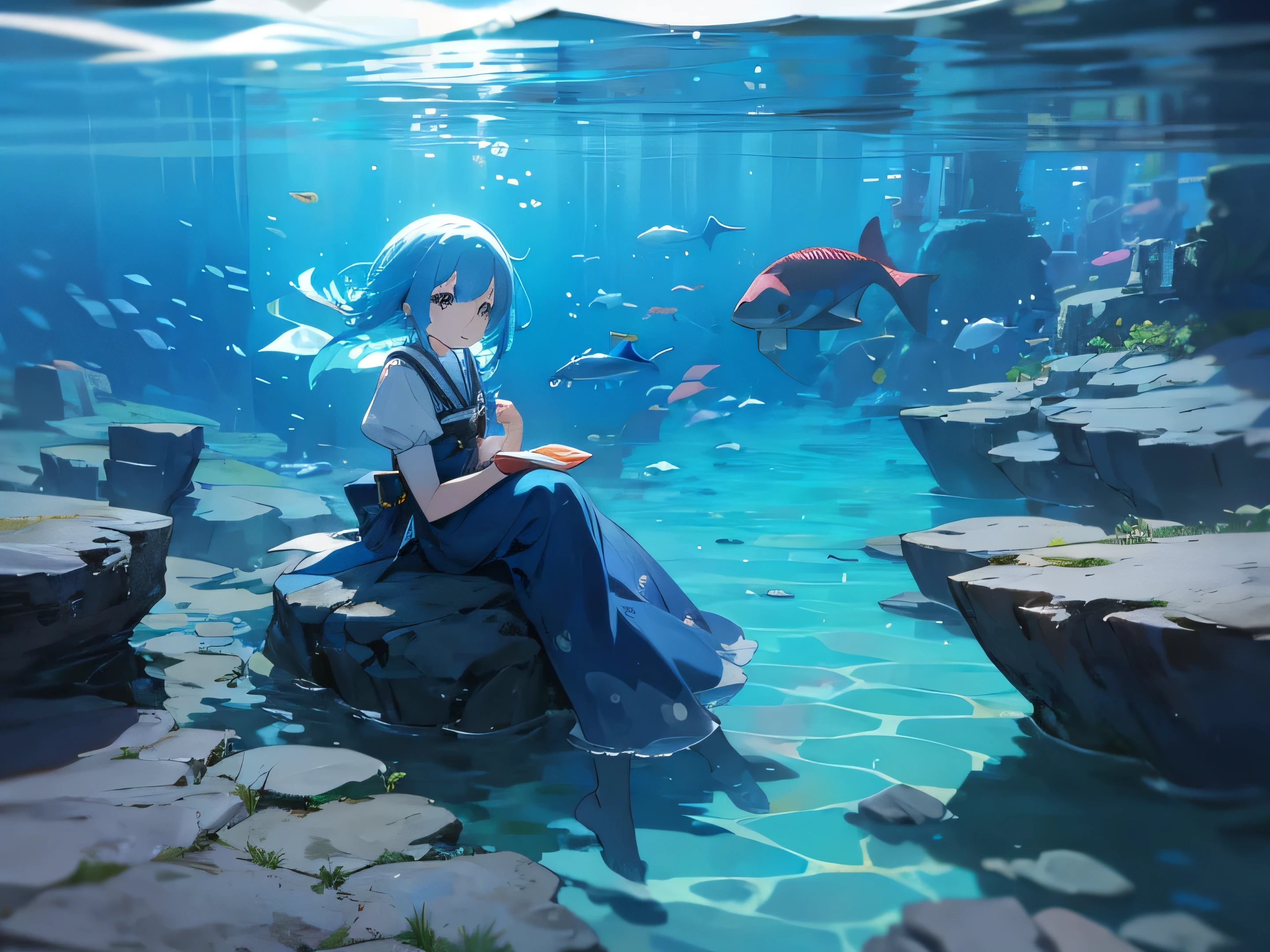 girl , sit on rock under the sea , on under water, blue hair, half body