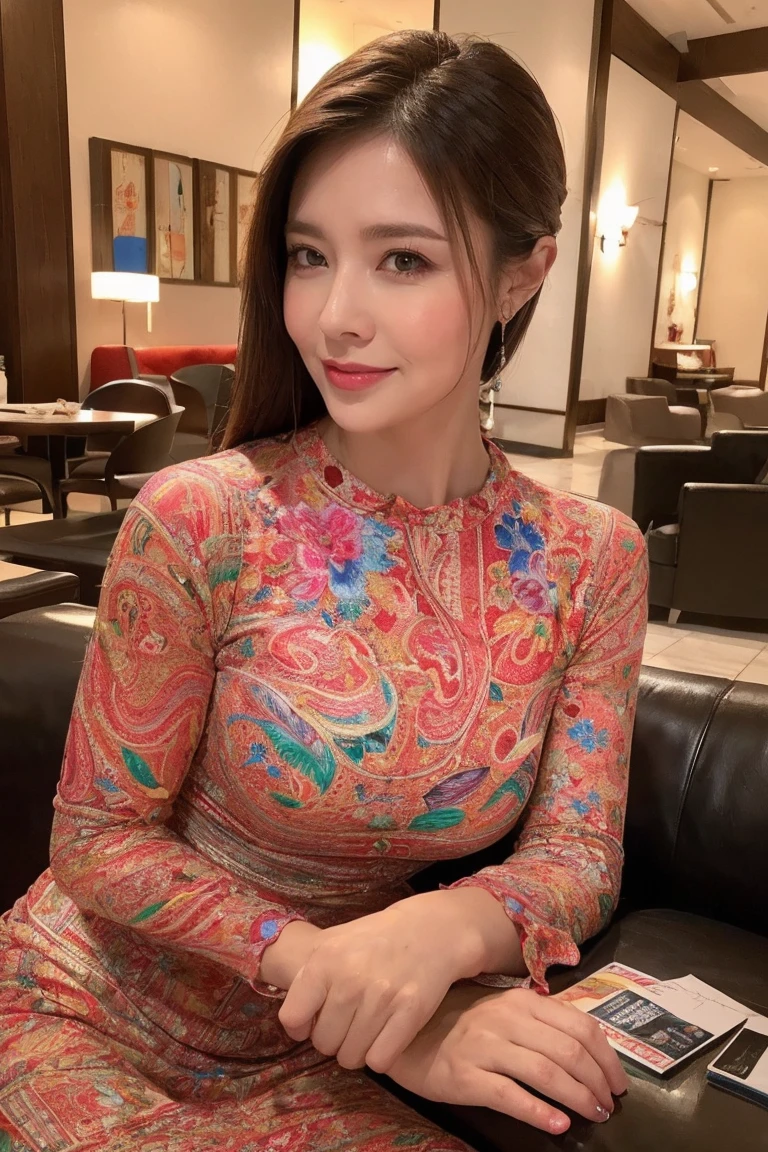 Masseter muscle area, Highest quality, masterpiece, High resolution, Photorealistic, RAW Photos, 8k wallpaper, perfection, Professional Lighting, Very detailed, Written boundary depth, ((One beautiful woman)), ((Sexy 40 year old women)), (In the hotel lobby), ((Brightly colored and patterned dresses)), ((Look into the viewer's eyes)), Detailed face, Beautiful Eyes, (Sit with good posture), bangs, Shapely small breasts, Light brown straight hair, (Thick lips), (Place your arms between your legs)