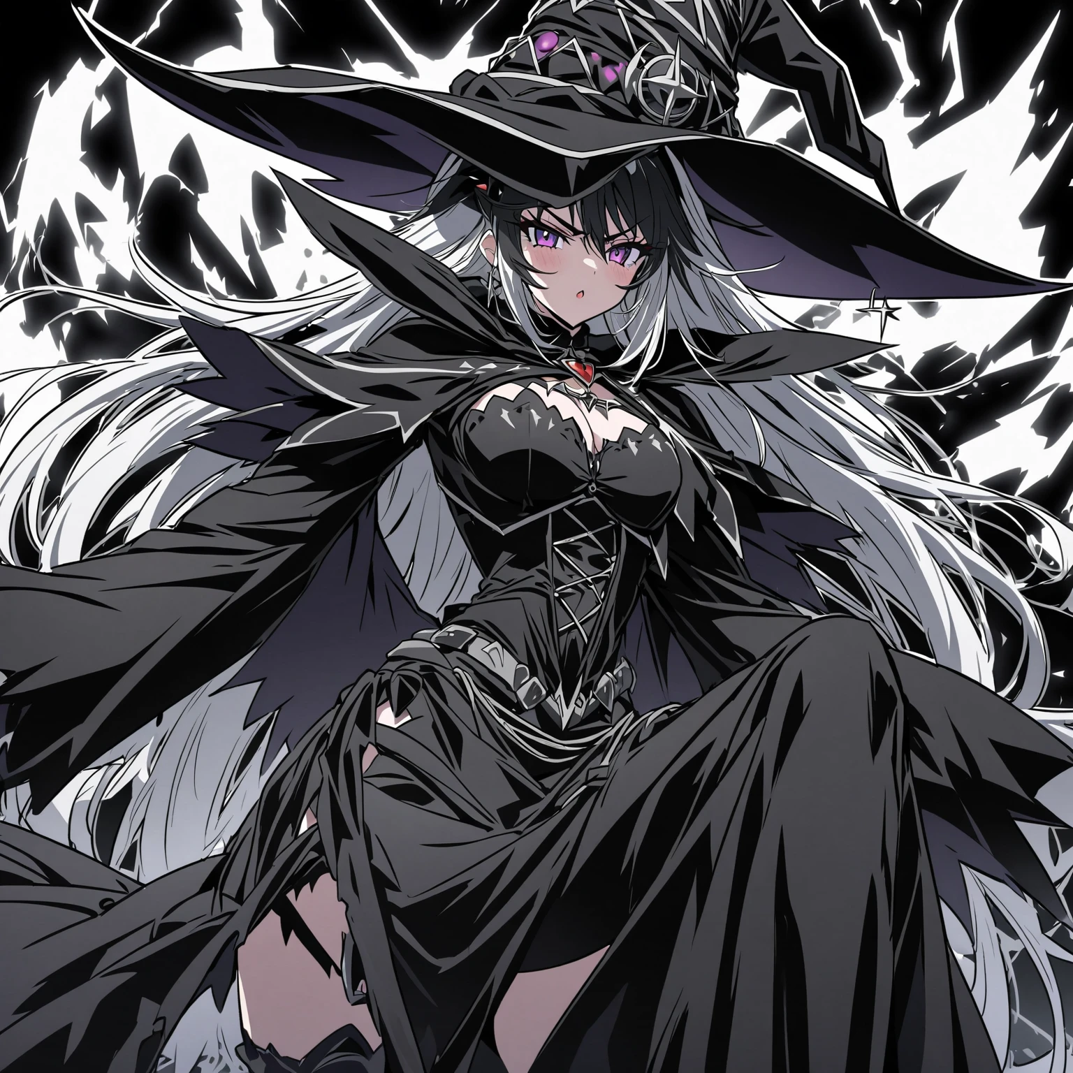 A black and white image of a girl dressed as a witch., fashionable Dark witch, witch clothes, Dark witch character, astral witch clothes, witch clothes, From the Black Wizard Cemetery!!!, Dark witch, mechanized witch girl, witch girl, ( ( ( black witch hat ) ) ) ), dark demonic dancer, Gothic Maid Anime Girl, black fur wizard