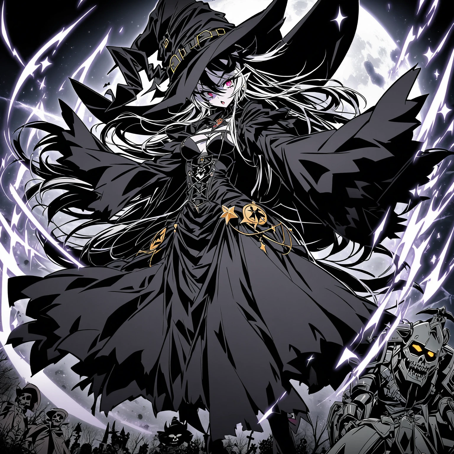 A black and white image of a girl dressed as a witch., fashionable Dark witch, witch clothes, Dark witch character, astral witch clothes, witch clothes, From the Black Wizard Cemetery!!!, Dark witch, mechanized witch girl, witch girl, ( ( ( black witch hat ) ) ) ), dark demonic dancer, Gothic Maid Anime Girl, black fur wizard