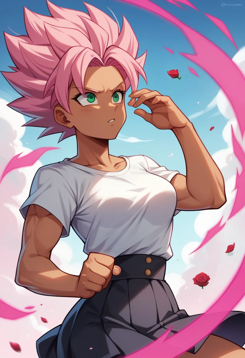 1 girl ,Saiyan, dark pink hair combed back, green eyes,slim, thin waist, wide hips, brown skin color, medium breasts, white top, short black skirt , fly in the city, stay in city, flying, hot aura, strong aura, strong energy, rose energy, pink aura, big aura, a pink scythe of energy.