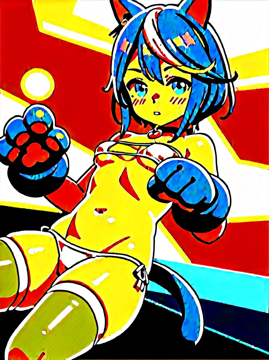 a nude anime art image of a anime girl in a cat suit, 1girl, solo, bikini, tail, swimsuit, hood, thighhighs, breasts, eyepatch bikini, navel, blue eyes, small breasts, bangs, blue hair, collar, cat tail, looking at viewer, skindentation, gloves, white thighhighs, animal hands, multicolored hair, :3, hood up, blunt bangs, paw gloves, cat ears, blush, animal hood, animal ears