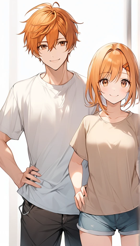 1 boy、Cowboy Shot、Simple T-shirt、light blue medium hair, brown eyes、Orange Hair Clip、Flat Chest、smile、Please put your hands on your hips、Shorts