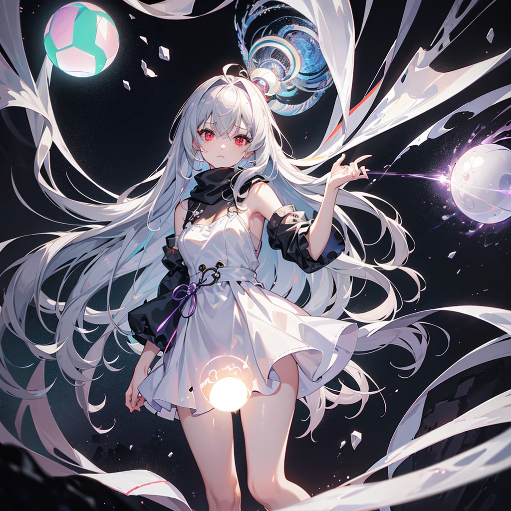 (masterpiece, Highest quality), (Detailed Hair), Very detailed, Anime Style, whole body, alone, Cyberpunk psychic girl, Big cute head scarf, whole body covered in rags, Wanderer Outfit, Gray Hair、Red eyes, Floating in the air, Small stature, Supernatural Aura, Prism Hypnosis Aura. Beautiful and terrifying, Digital Painting, 8K high resolution, Trend Art Station, White Background, whole body, ((Psychic energy ball in hand))
