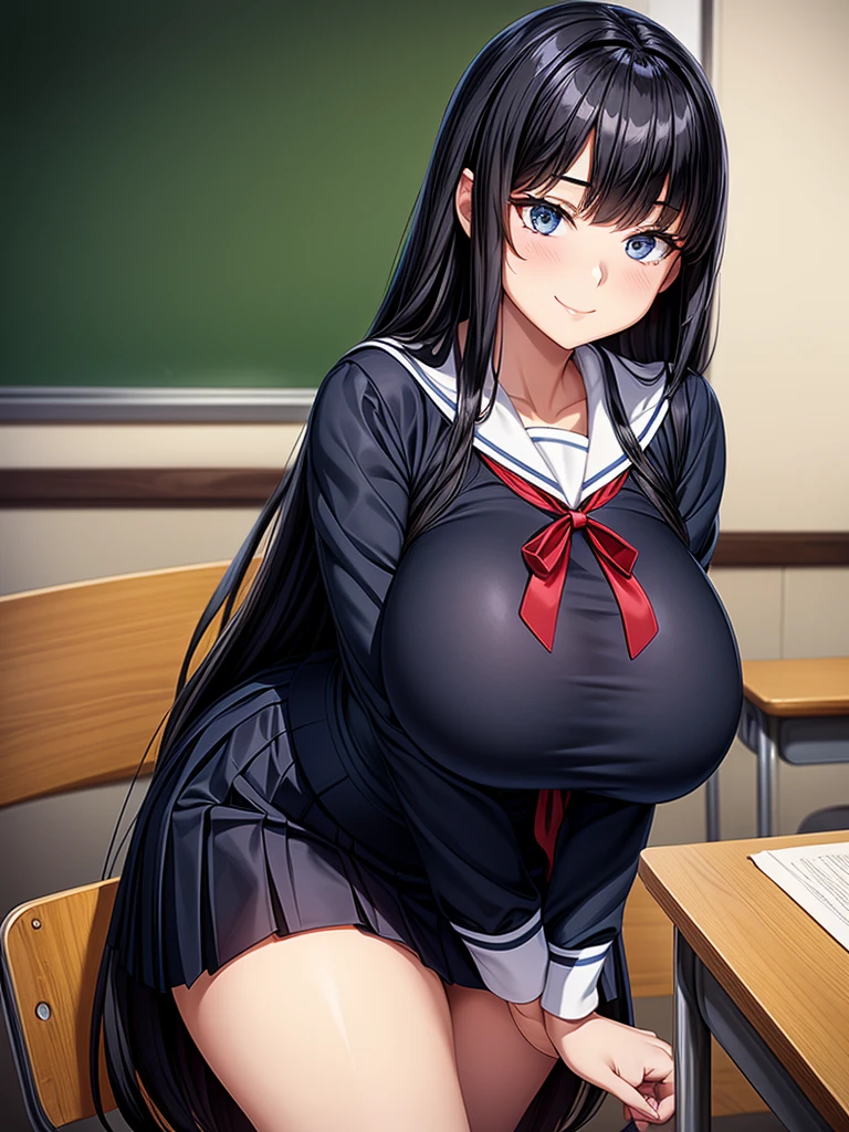 Top quality, classroom, high school girl, beautiful face, beautiful eyes, intelligent look. beautiful woman, elegant face, intelligent face, bewitching smile, beautiful glossy black hair, straight long hair, huge , curvaceous beauty, narrow waist, , White sailor uniform, red ribbon tie, short navy pleated skirt, elegant behavior