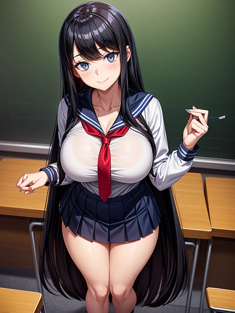 (School、classroom)、(Ahegao:1.5)、Super precise illustration、Super precise expression、masterpiece、highest quality、ultra High resolution、High resolution、(big breasts、Sweat、body fluid:1.3)、shiny skin、(black hair、long hair、Braid、Glasses)、((short sleeve sailor suit))、(Navy blue panties)、((table sex, masturbation, groin friction,)),Standing picture、