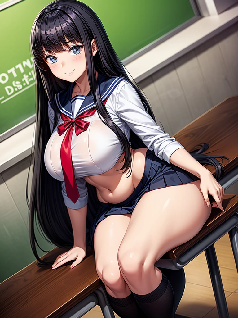 Top quality, classroom, high school girl, beautiful face, beautiful eyes, intelligent look. beautiful woman, elegant face, intelligent face, bewitching smile, beautiful glossy black hair, straight long hair, huge breasts, curvaceous beauty, narrow waist, , White sailor uniform, red ribbon tie, short navy pleated skirt, elegant behavior