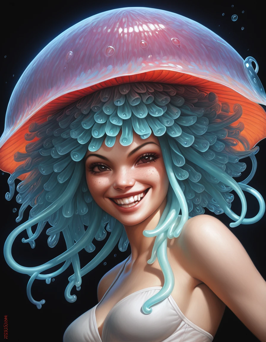 Woman with a jellyfish hat and tendril hair and a wicked grin in realistic hyperdetailed portrait art style
