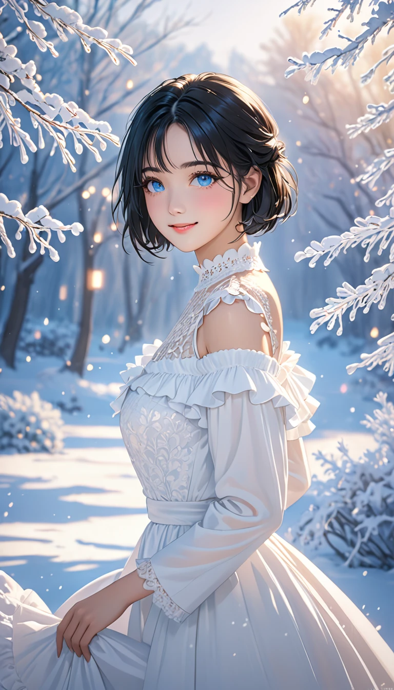 (((masterpiece))),best quality,illustration,4k wallpaper,movie lighting,absurd,1 girl,(snow,ice),in winter,blue eyes,black hair,shiny hair,medium hair,medium bob,white dress,frills,lace,leave_Shoulder,hair tie,masterpiece,telephoto lens,absurd,Exquisite face,features,natural light,soft light,(Seven-part combination),epic,Dreamy and magical,mystery,shy,smile,