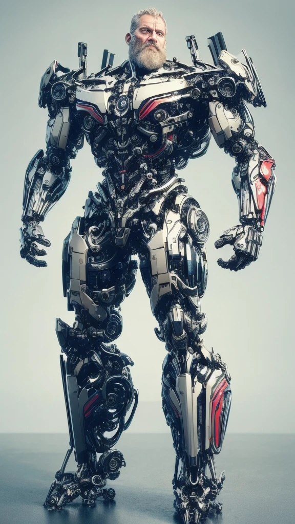 Breathtaking full body photo, full body, broken, (hacked arm: 1.4), front viewer, (Looking at viewer: 1.4), dynamic pose, reelmech, (mechanical parts: 1.5), missing parts, dirty, oil leak, (damaged: 1.3), 45 year old man with large full beard, athletic skin face, damaged skin eye socket, damaged skin cheek, work of art, award winning, professional, highly detailed