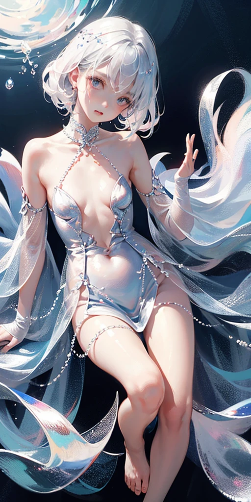 A girl、symmetry,Daughter,whole body female love,Put your hands together and bloom,(Very detailed:1.1),((small :1.2))、The eyes are well drawn、Charming eyes、Double tail、Wear jewelry and pearls around your neck,Transparent openwork、Deep V、Crystal Pearls、在Wear jewelry and pearls around your neck,white hair, show your thighs, Bare shoulders, Show clavicle, Yao Liu, barefoot,((whole body))、painful posture