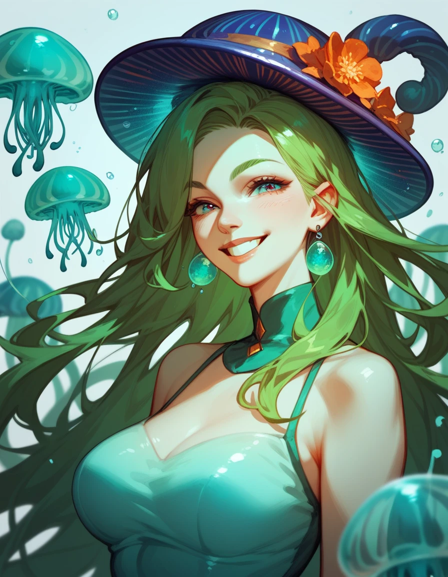 (score_9,score_8_up,score_7_up,score_6_up,score_5_up,score_4_up)Woman with a jellyfish hat and tendril hair and a wicked grin in realistic hyperdetailed portrait art style