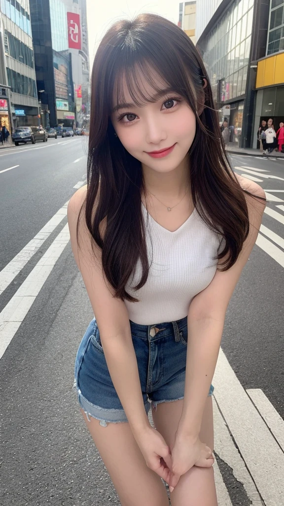 Highest quality, Very detailed, finely, High resolution, 8k wallpaper, Perfect dynamic composition, Beautiful and exquisite,ランダムなcute髪,,Natural color lip, Bold sexy pose,smile、20-year-old girl、cute、Looking into the camera,,Perfect and beautiful face,Slim face and figure,Beautiful thighs, Beautiful feet、Calf、Big eyes、Gal Makeup,Small face,Shooting from below、smile,,Elegant feminine face、Randomly change the shooting angle and position、smile、Top to bottom々Shoot from the right angle and direction、Sexy Face、Standing in the streets of Shibuya、Shorts