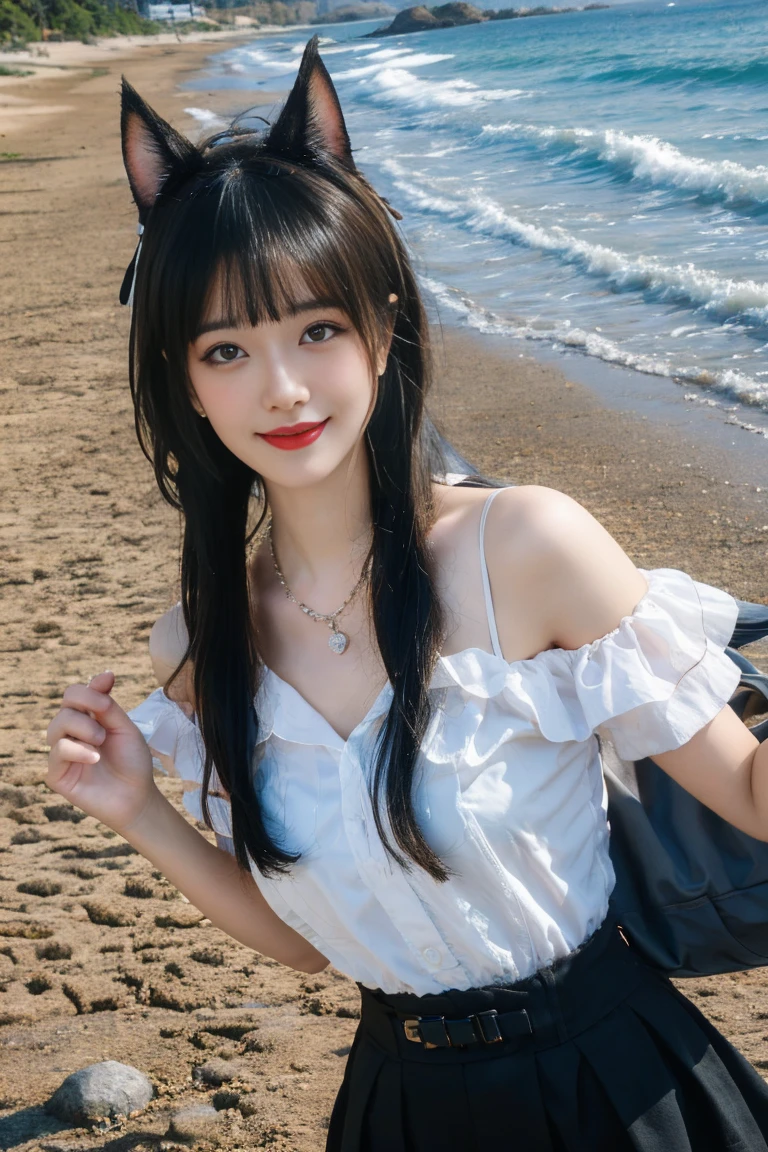 ulzzang-6500-v1.1,(raw photo:1.2),((photorealistic:1.30)), ((best quality)) ,((masterpiece)),((Ultra High Resolution)), ((Clear View)),,Ultra-high resolution,Clear face,(Reality:1.4) , illustration, an extremely delicate and beautiful, extremely detailed ,CG ,unity ,8k wallpaper, Amazing, finely detail, masterpiece,best quality,official art,extremely detailed CG unity 8k wallpaper,absurdres, incredibly absurdres, huge filesize, ultra-detailed, highres, extremely detailed,beautiful detailed girl, extremely detailed eyes and face, beautiful detailed eyes,light on face,cinematic lighting, 1girl, 独奏, bangs, long hair,twintails, hair ribbon, jirai kei attire, jirai kei, black thighhighs, high heels, jewelry, collarbone, earrings,smile, necklace, (standing), (medium breasts:1.3), (shagging breasts) Naughty, (From the front:1.3), On the beach, Beach sand, waves, (Beach:1.5),basking under the sun, sharp baby face, cute, Small face, Small mouth, small lips, (Animal ears:1.3)