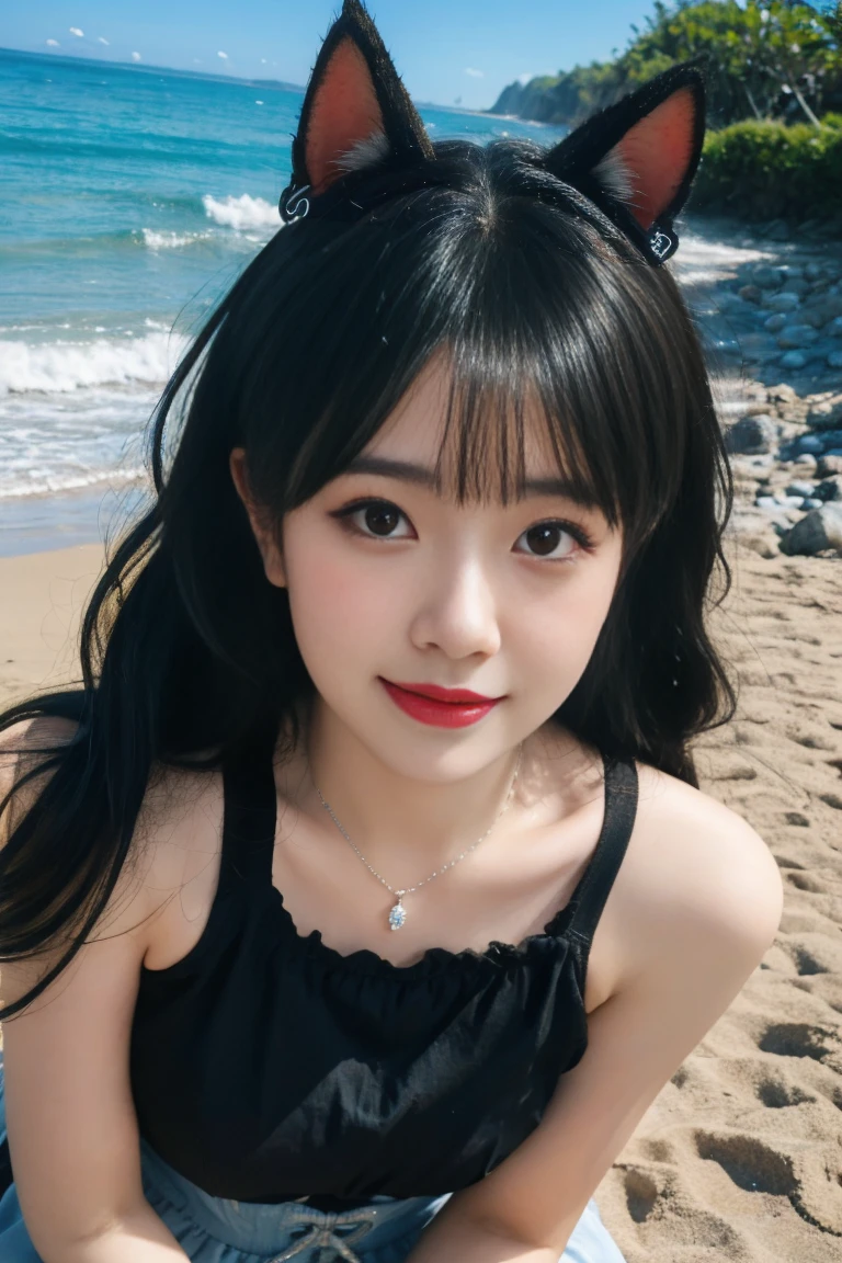 ulzzang-6500-v1.1,(raw photo:1.2),((photorealistic:1.30)), ((best quality)) ,((masterpiece)),((Ultra High Resolution)), ((Clear View)),,Ultra-high resolution,Clear face,（Reality：1.4) ,  illustration, an extremely delicate and beautiful, extremely detailed ,CG ,unity ,8k wallpaper, Amazing, finely detail, masterpiece,best quality,official art,extremely detailed CG unity 8k wallpaper,absurdres, incredibly absurdres, huge filesize, ultra-detailed, highres, extremely detailed,beautiful detailed girl, extremely detailed eyes and face, beautiful detailed eyes,light on face,cinematic lighting, 1girl, 独奏, bangs, long hair,twintails, hair ribbon, jirai kei attire, jirai kei, black thighhighs, high heels, jewelry, collarbone, earrings,smile, necklace, (standing), (medium breasts:1.3), (shagging breasts) Naughty, (From the front:1.3), On the beach, Beach sand, waves, (Beach:1.5),basking under the sun, sharp baby face, cute, Small face, Small mouth, small lips, (Animal ears:1.3)