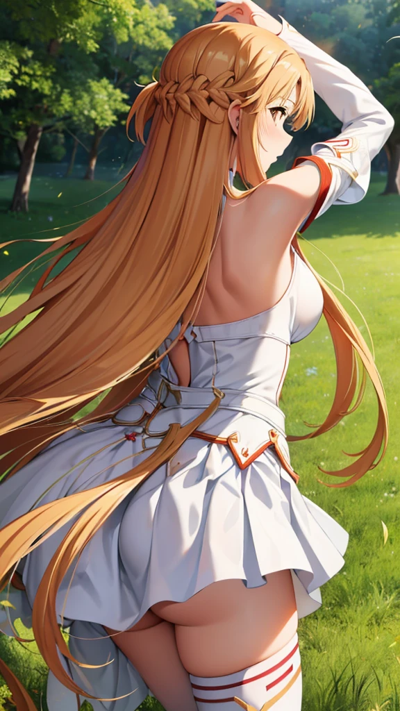 masterpiece, Highest quality, High resolution, Asuna, Long Hair, Brown Hair, head band, Brown eyes, Exposing shoulders, White Armor, Dress in Armor, Loose sleeves, White gloves, White thighs, squat, Grass, Field, (White T-back:1.3), (Spread your legs), (Under the skirt), Show your ass, Big Ass,