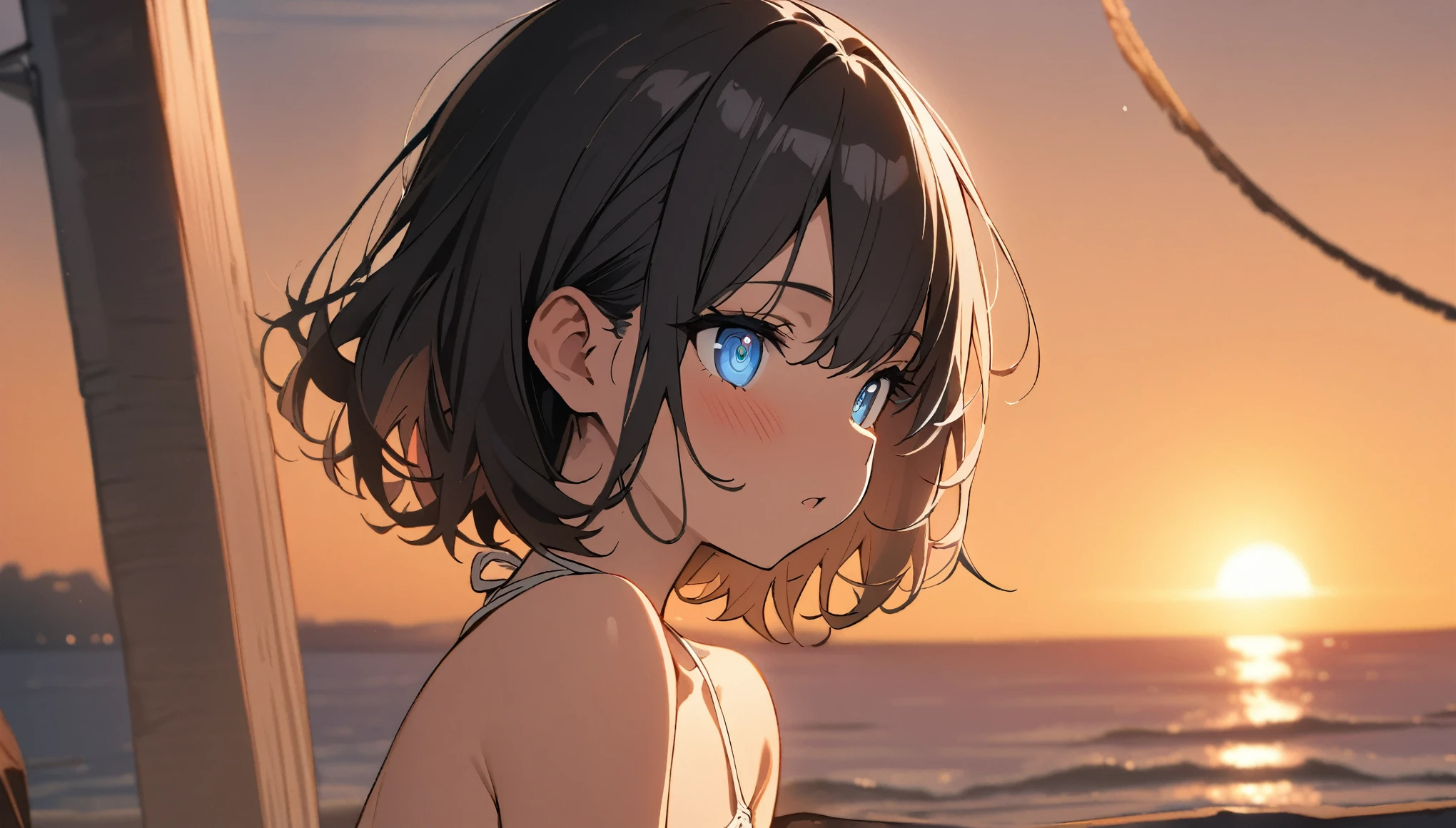 1girl, solo, blue eyes, (detailed eyes), flat chest, short hair, black hair, (masterpiece),(masterpiece), A woman who loves summer。Watching the sun set on the horizon、Resting one's chin on one's hand。A digital illustration-like, gentle atmosphere。The expression is delicate and beautiful、Hot Contemporary Art。masterpiece:1.2