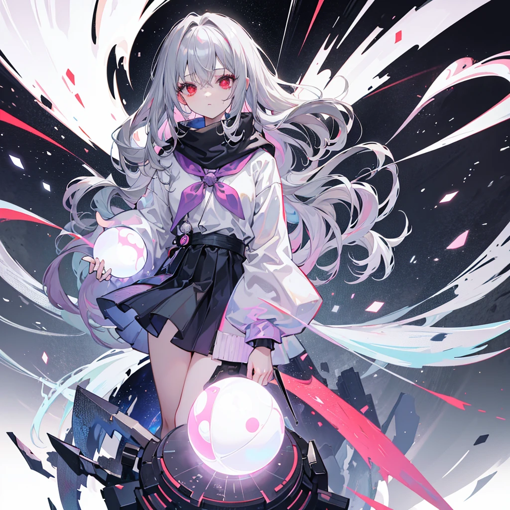 (masterpiece, Highest quality), (Detailed Hair), Very detailed, Anime Style, whole body, alone, Cyberpunk psychic girl, Big cute head scarf, whole body covered in rags, Wanderer Outfit, Gray Hair、Red eyes, Floating in the air, Small stature, Supernatural Aura, Prism Hypnosis Aura. Beautiful and terrifying, Digital Painting, 8K high resolution, Trend Art Station, White Background, whole body, ((Psychic energy ball in hand))
