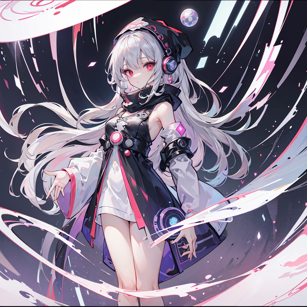 (masterpiece, Highest quality), (Detailed Hair), Very detailed, Anime Style, whole body, alone, Cyberpunk psychic girl, Big cute head scarf, whole body covered in rags, Wanderer Outfit, Gray Hair、Red eyes, Floating in the air, Small stature, Supernatural Aura, Prism Hypnosis Aura. Beautiful and terrifying, Digital Painting, 8K high resolution, Trend Art Station, White Background, whole body, ((Psychic energy ball in hand))
