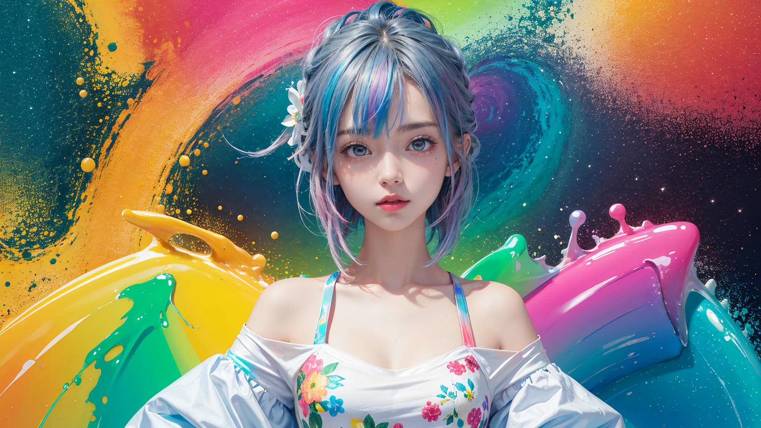 ((1 girl)), colorful, Dot, colorfulなペイント, Splash Paint, liquid, fog, Bright colors, matrix, hologram, Confused, detailed, 非常にdetailed, 非常にdetailed, Complex, masterpiece, 8k,khd,8k resolution,masterpiece