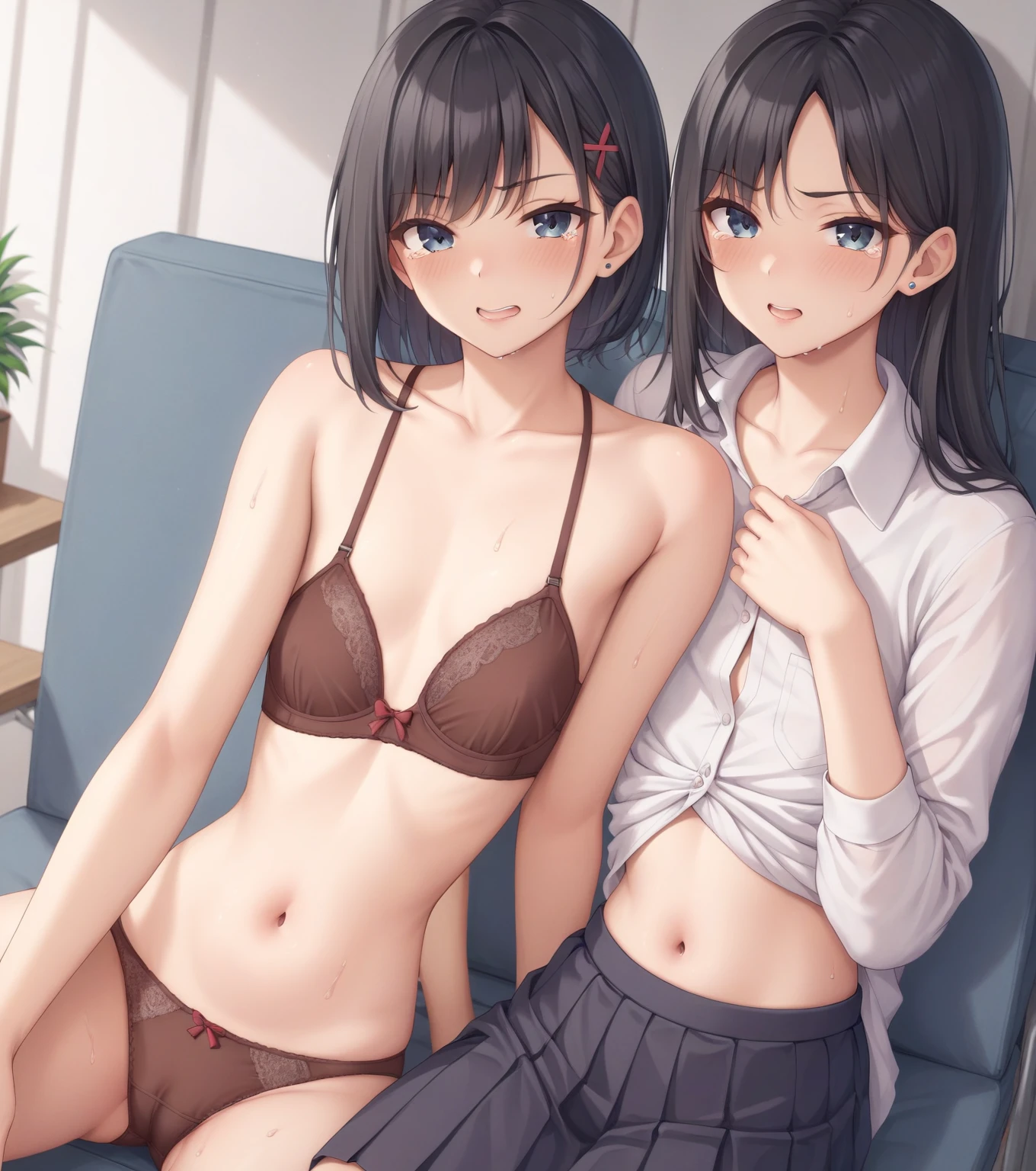 One person、masterpiece、Highest quality、Super detailed、High resolution illustrations、Improve skin quality、Increase eye appeal、Drawn in detail、Perfect body structure、Middle-aged female office worker、Spread your legs、Showing brown panties、Shift panties、Showing off her brown bra、Push the bra aside、Flabby Belly、Are thin、Flat chest、Long black hair、Tears well up in my dark eyes、Slanted Eyes、Quiet anger、Sweat、Sigh、Park bench、Love juice oozes、