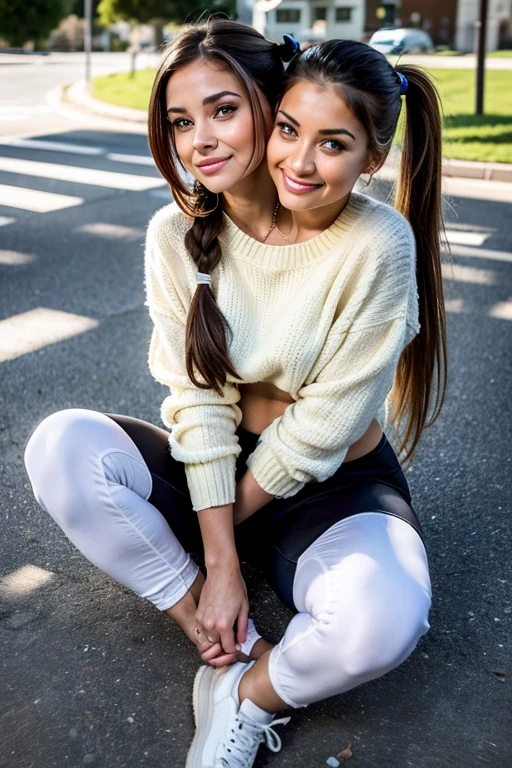 2heads, two headed girl, age 18, brown hair in a ponytail, white girls, trendy oversized sweater, leggings, sneakers, sitting outside her school, gorgeous, smart, gentle makeup,