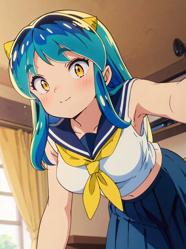 masterpiece, Highest quality, 1 Girl, Lum、 Mature、Sailor suit、Navy Skirt、On all fours、Watching the audience、smile、From below, From before, anime, blush, sexy、 High definition, Yellow neckerchief, Point, Bedroom