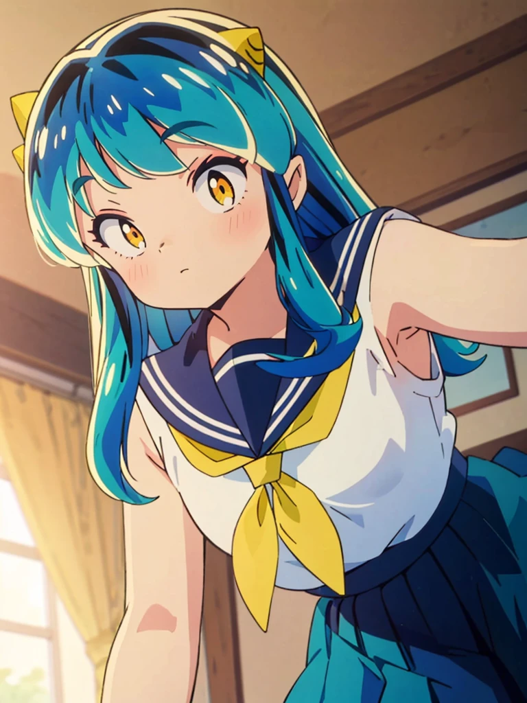 masterpiece, Highest quality, 1 Girl, Lum、 Mature、Sailor suit、Navy Skirt、On all fours、Watching the audience、smile、From below, From before, anime, blush, sexy、 High definition, Yellow neckerchief, Point, Bedroom
