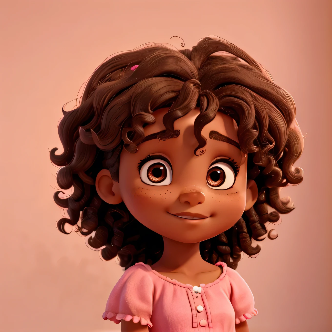 Raise a female , 4 , light brown skin color, body hair. dark and curly, small dark brown eyes and I have a mole on my forehead, in pink dress