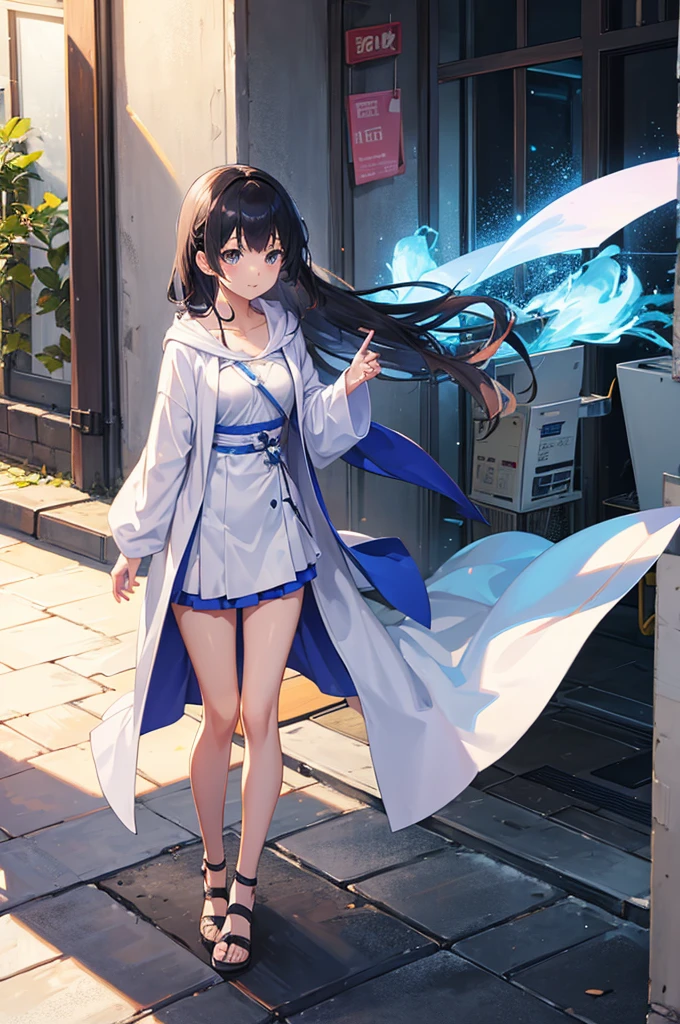A cute girl uses magic, standing full body wearing a robe.
