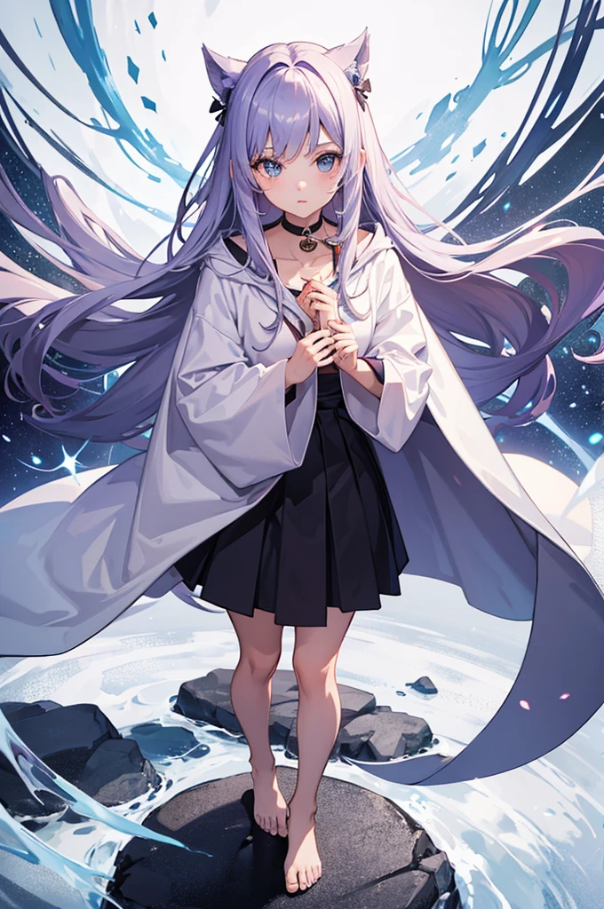 A cute girl uses magic, standing full body wearing a robe.
