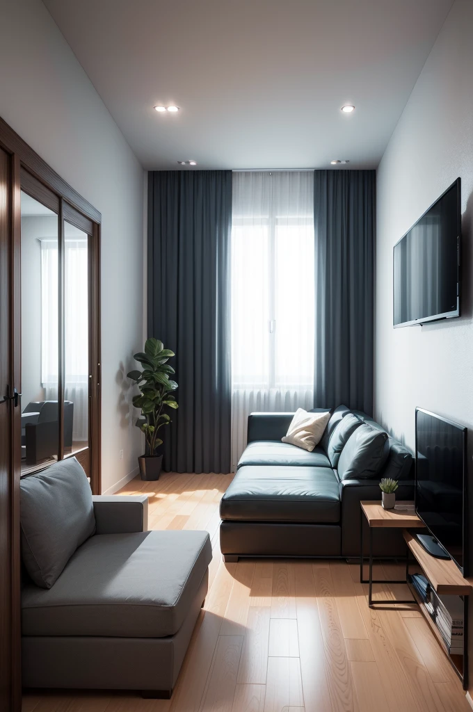Stylish and modern apartment interior, with large corner sofa, on the wall facing the sofa, 1 Large Samsung TV Wall Screen Frame Art - It&#39;s the Important Element of the Picture - Beautiful Night Light, beautiful majestic plants, black andwhite, Interior designer research style pencil drawing