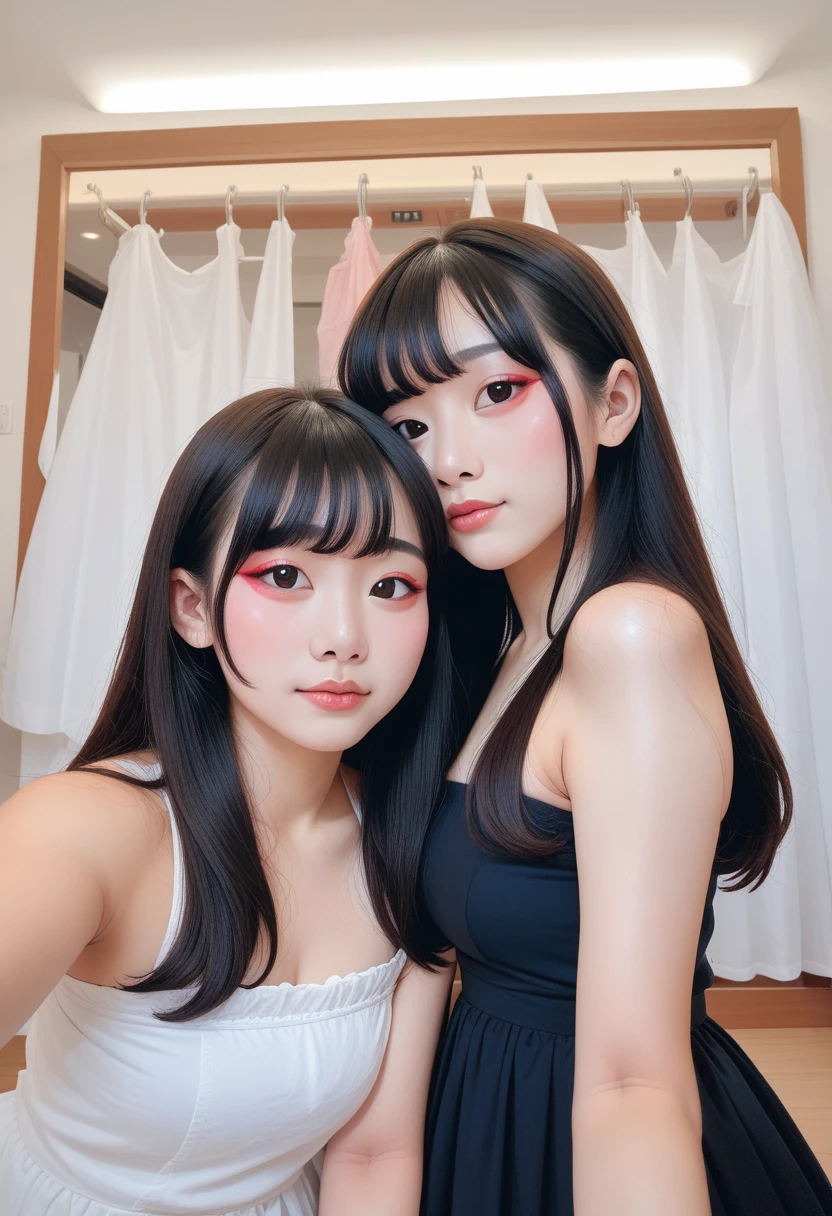 Three Asian women posing for photos in the room, Ulzan, 3 Sisters looking in the mirror, 8K)), Popular Korean makeup, Profile picture, beautiful girl, 8K selfie photo, Cute - delicate - face, Popular Korean makeup, xision wu, Cute girl, Korean Girl, avatar Profile picture, Sakimichan, very high quality, Surrealism, Ultra-refined, high quality, 8K resolution, varied styles, Bare shoulders without chest,