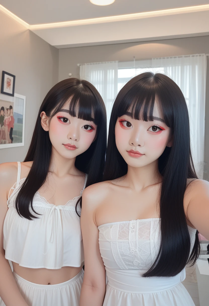 Three Asian women posing for photos in the room, Ulzan, 3 Sisters looking in the mirror, 8K)), Popular Korean makeup, Profile picture, beautiful girl, 8K selfie photo, Cute - delicate - face, Popular Korean makeup, xision wu, Cute girl, Korean Girl, avatar Profile picture, Sakimichan, very high quality, Surrealism, Ultra-refined, high quality, 8K resolution, varied styles, Bare shoulders without chest,