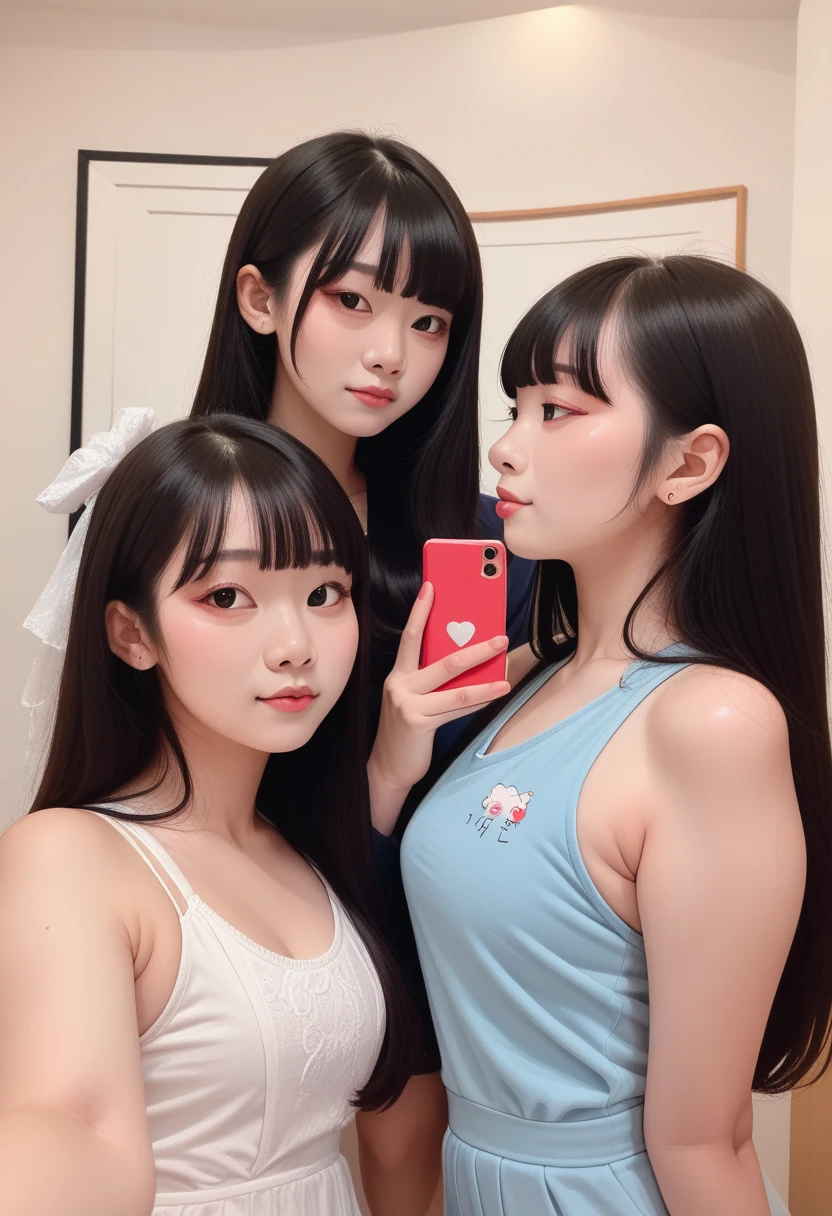 Three Asian women posing for photos in the room, Ulzan, 3 Sisters looking in the mirror, 8K)), Popular Korean makeup, Profile picture, beautiful girl, 8K selfie photo, Cute - delicate - face, Popular Korean makeup, xision wu, Cute girl, Korean Girl, avatar Profile picture, Sakimichan, very high quality, Surrealism, Ultra-refined, high quality, 8K resolution, varied styles, Bare shoulders without chest,
