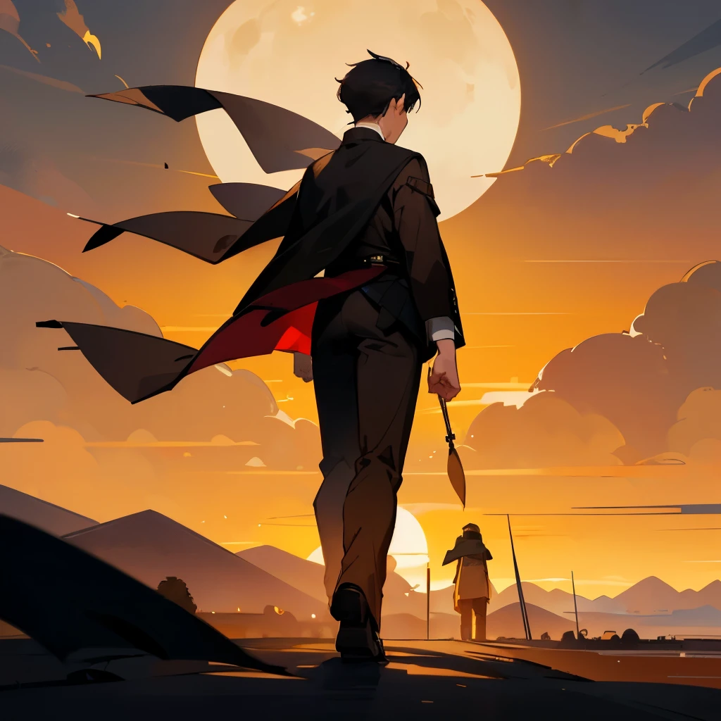 Two people。Back view of one man。Back view of a boy。
The man is wearing a black cape and black trousers.。The boy is wearing a brown jacket and brown shorts.。
In the background, people are walking towards the rising sun。