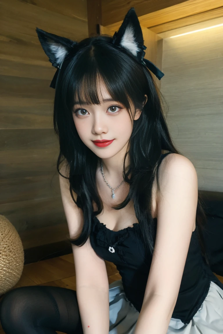 ulzzang-6500-v1.1,(raw photo:1.2),((photorealistic:1.30)), ((best quality)) ,((masterpiece)),((Ultra High Resolution)), ((Clear View)),,Ultra-high resolution,Clear face,(Reality:1.4) , illustration, an extremely delicate and beautiful, extremely detailed ,CG ,unity ,8k wallpaper, Amazing, finely detail, masterpiece,best quality,official art,extremely detailed CG unity 8k wallpaper,absurdres, incredibly absurdres, huge filesize, ultra-detailed, highres, extremely detailed,beautiful detailed girl, extremely detailed eyes and face, beautiful detailed eyes,light on face,cinematic lighting, 1girl, 独奏, bangs, long hair,twintails, hair ribbon, jirai kei attire, jirai kei, black thighhighs, high heels, jewelry, collarbone, earrings,smile, necklace, (sitting), (medium breasts:1.3), (shagging breasts) Naughty, (From the front:1.3), On the beach, Beach sand, waves, (Beach:1.5),basking under the sun, sharp baby face, cute, Small face, Small mouth, small lips, (Animal ears:1.3)