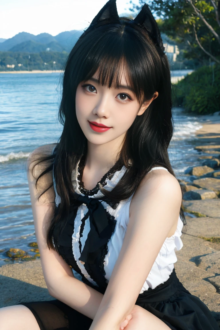 ulzzang-6500-v1.1,(raw photo:1.2),((photorealistic:1.30)), ((best quality)) ,((masterpiece)),((Ultra High Resolution)), ((Clear View)),,Ultra-high resolution,Clear face,(Reality:1.4) , illustration, an extremely delicate and beautiful, extremely detailed ,CG ,unity ,8k wallpaper, Amazing, finely detail, masterpiece,best quality,official art,extremely detailed CG unity 8k wallpaper,absurdres, incredibly absurdres, huge filesize, ultra-detailed, highres, extremely detailed,beautiful detailed girl, extremely detailed eyes and face, beautiful detailed eyes,light on face,cinematic lighting, 1girl, 独奏, bangs, long hair,twintails, hair ribbon, jirai kei attire, jirai kei, black thighhighs, high heels, jewelry, collarbone, earrings,smile, necklace, (sitting), (medium breasts:1.3), (shagging breasts) Naughty, (From the front:1.3), On the beach, Beach sand, waves, (Beach:1.5),basking under the sun, sharp baby face, cute, Small face, Small mouth, small lips, (Animal ears:1.3)