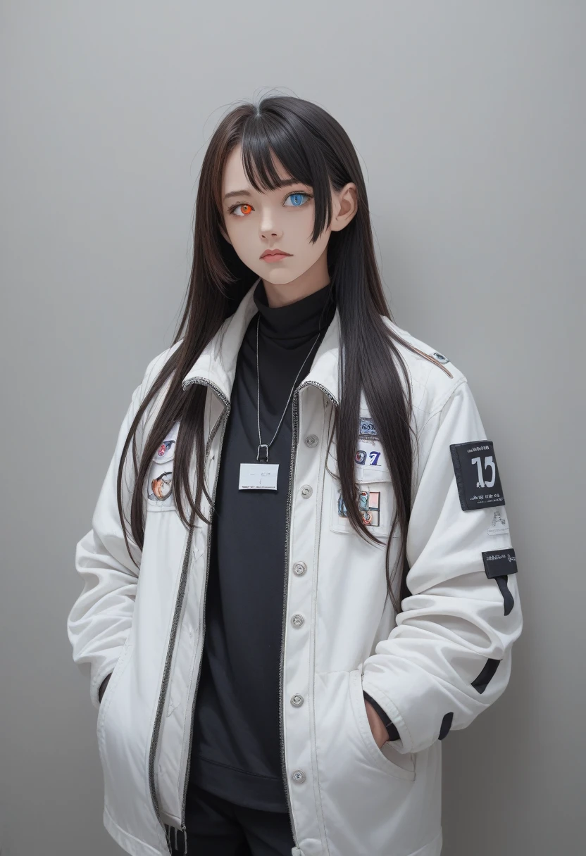 A girl, jacket, Hands in pockets, Staring at others, Black long hair, Heterochromic Eyes, Heterochromic Eyes, Heterochromia, 8K resolution, Very detailed, Anatomically correct, number, Concept Art, Shinkai Makoto style, Clear images,